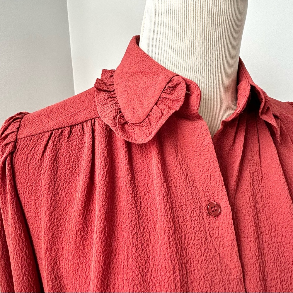 🌸NWT - Max Studio Ruffle Button Down Blouse. Rust. Size: XS - Picture 2 of 13